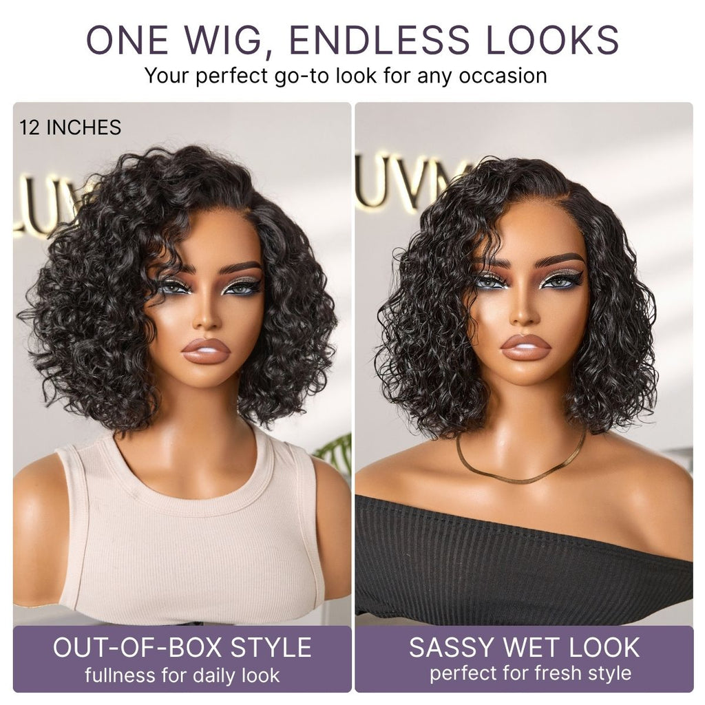 New Customers Only | Ready to Go Blonde Highlight / Natural Black  / Ombre Brown Water Wave Short Curly Bob Wig Glueless Minimalist HD Lace Wig Pre-Cut Lace