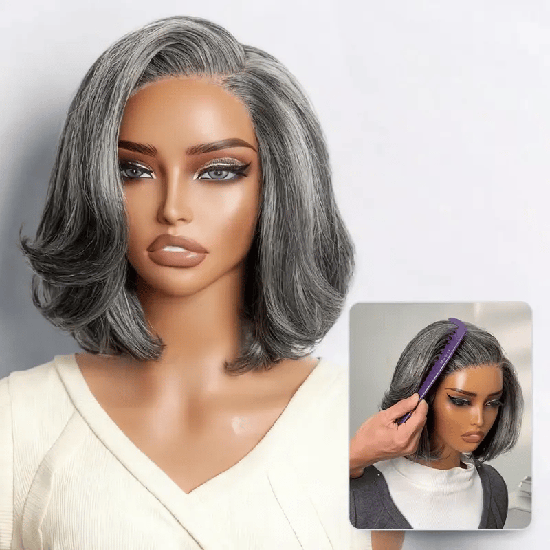 New Customers Only | Salt & Pepper 100% Human Hair Layered Bob Wig Glueless Minimalist Lace Grey Wig Pre-Cut Lace