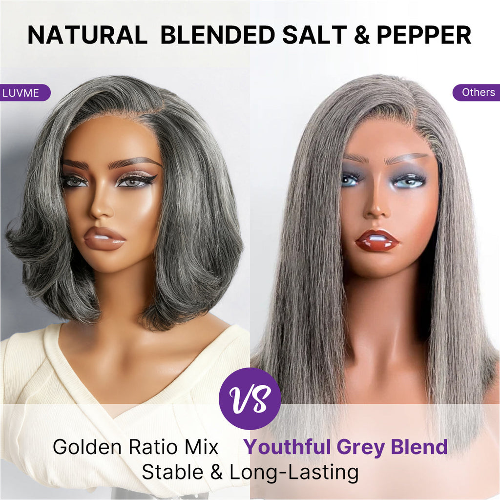 New Customers Only | Salt & Pepper 100% Human Hair Layered Bob Wig Glueless Minimalist Lace Grey Wig Pre-Cut Lace
