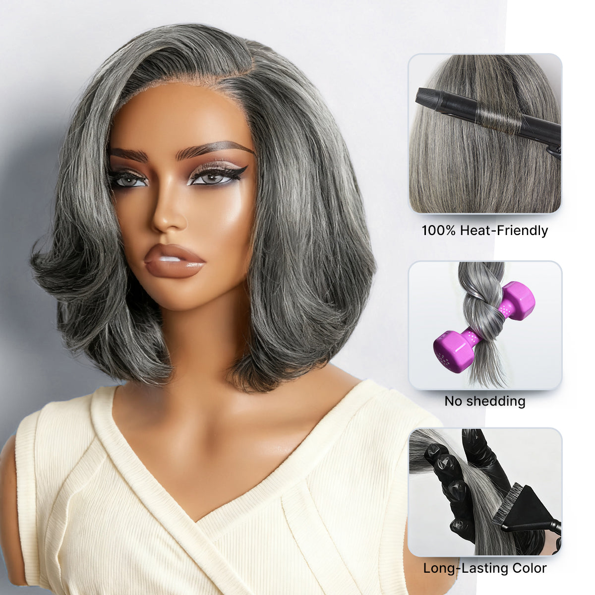New Customers Only | Salt & Pepper 100% Human Hair Layered Bob Wig Glueless Minimalist Lace Grey Wig Pre-Cut Lace