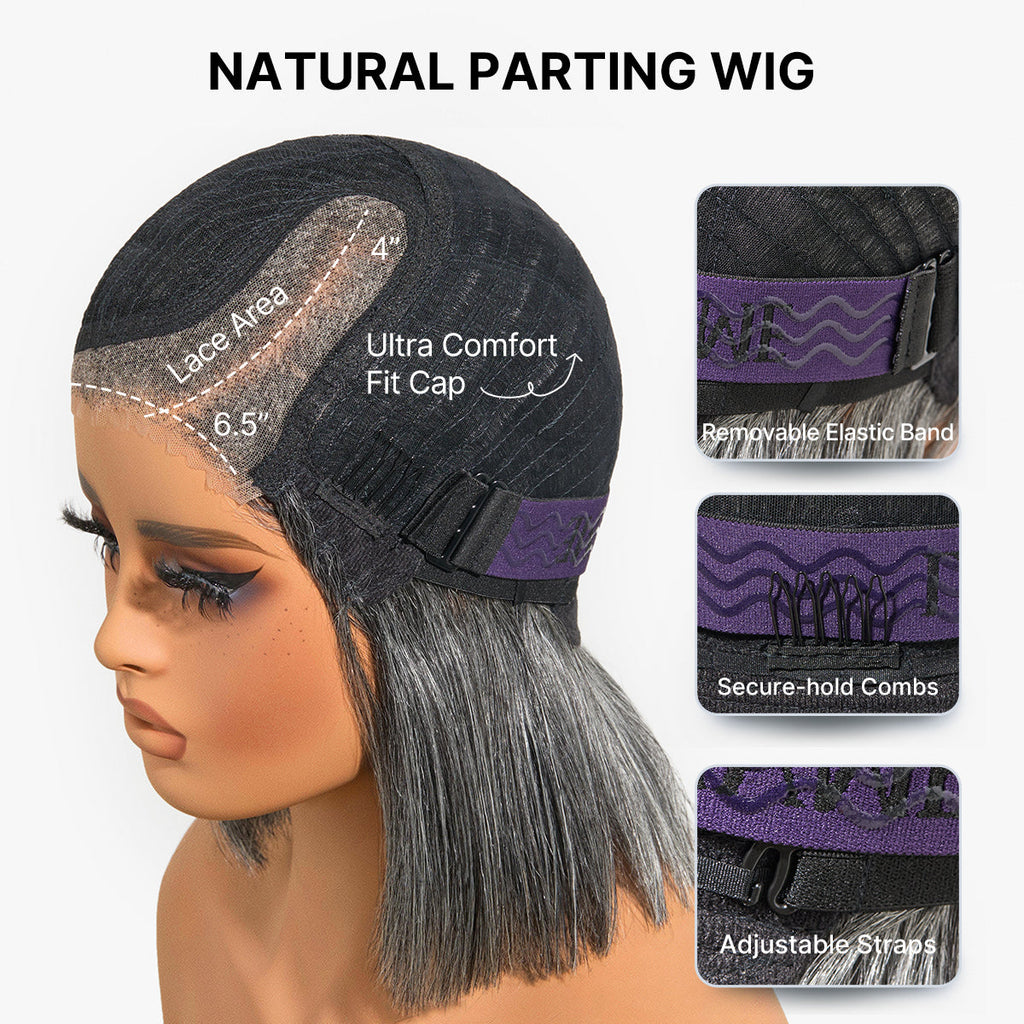 New Customers Only | Salt & Pepper 100% Human Hair Layered Bob Wig Glueless Minimalist Lace Grey Wig Pre-Cut Lace