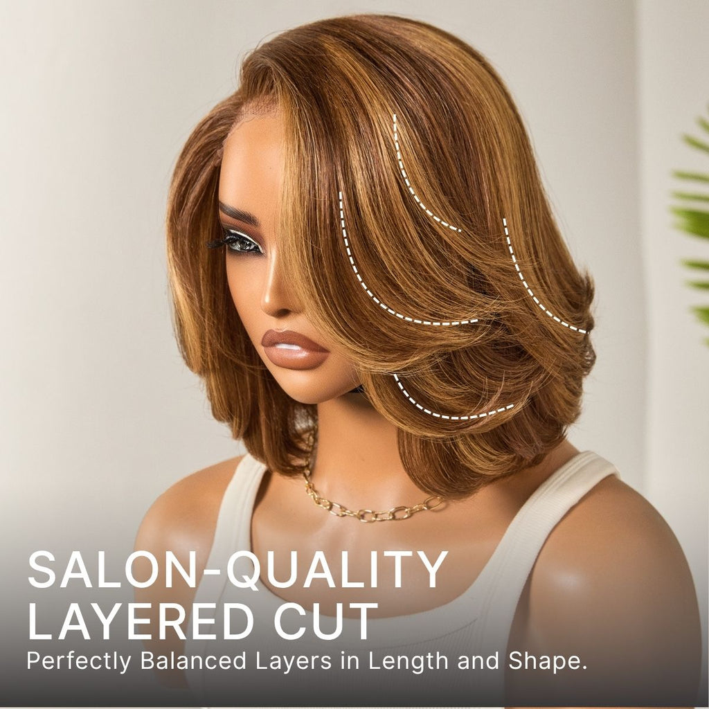 Toffee Brown Mix Blonde / Brown Highlight Layered Cut Glueless 5x5 Closure Lace Bob Wig Pre-cut Lace All-Day Comfort Cap