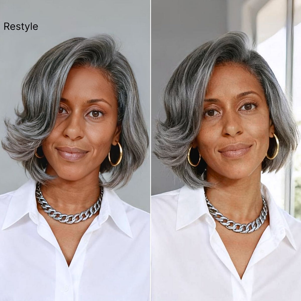 New Customers Only | Salt & Pepper 100% Human Hair Layered Bob Wig Glueless Minimalist Lace Grey Wig Pre-Cut Lace