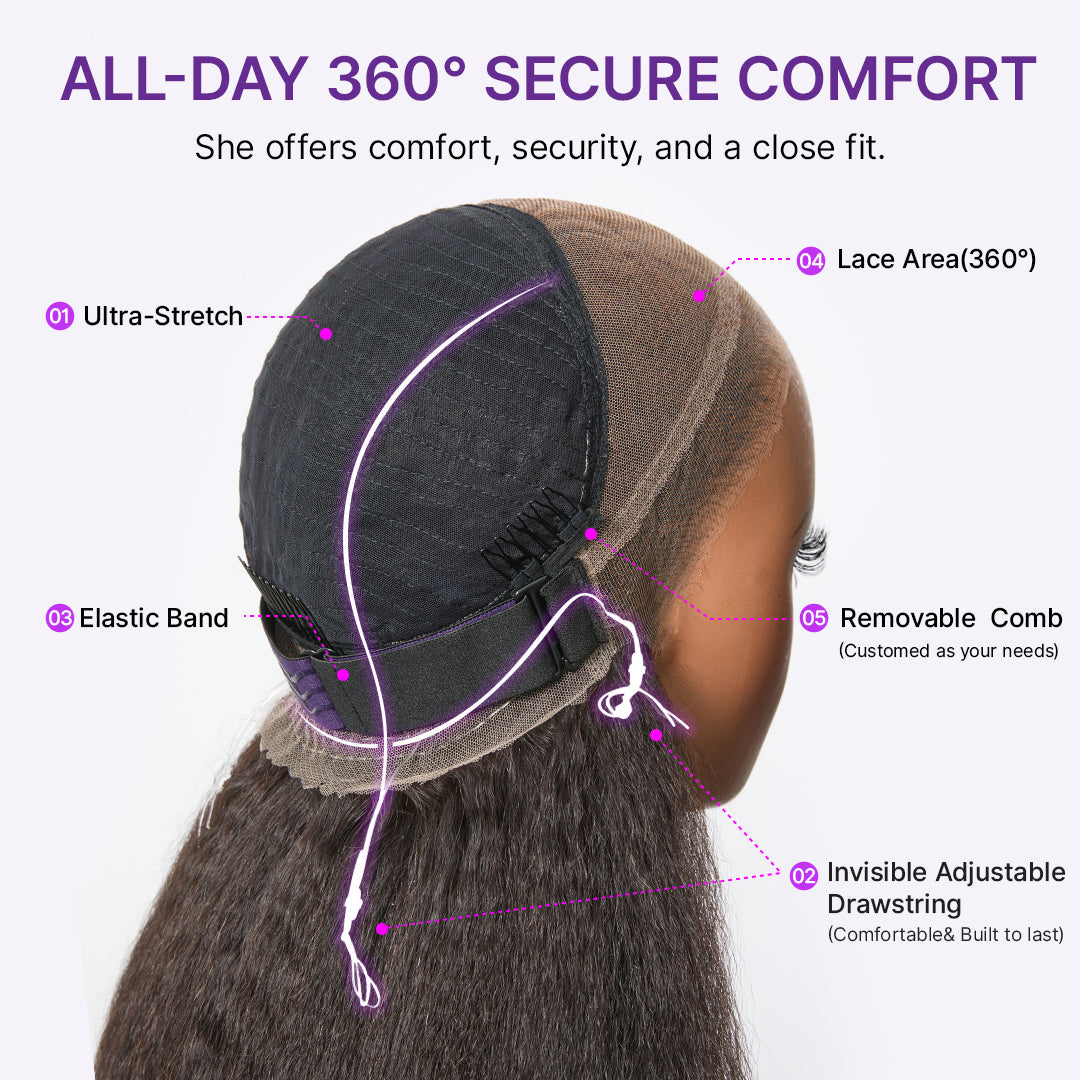 MyOwn-Fit™ 360 HD Lace Kinky Straight Wig Flexi-Fit Invisi Drawstring Cap & Pre-Cut Lace