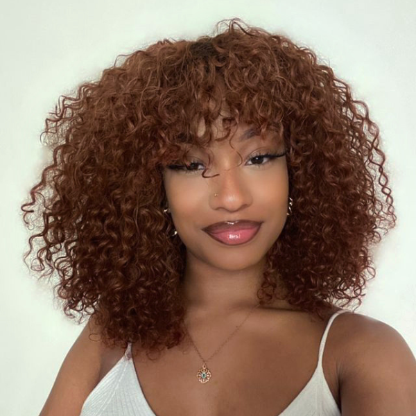 Glueless Ombre Brown Summer Hair Deep Wave Wig With Cute Bangs 100% Human Hair - US Only