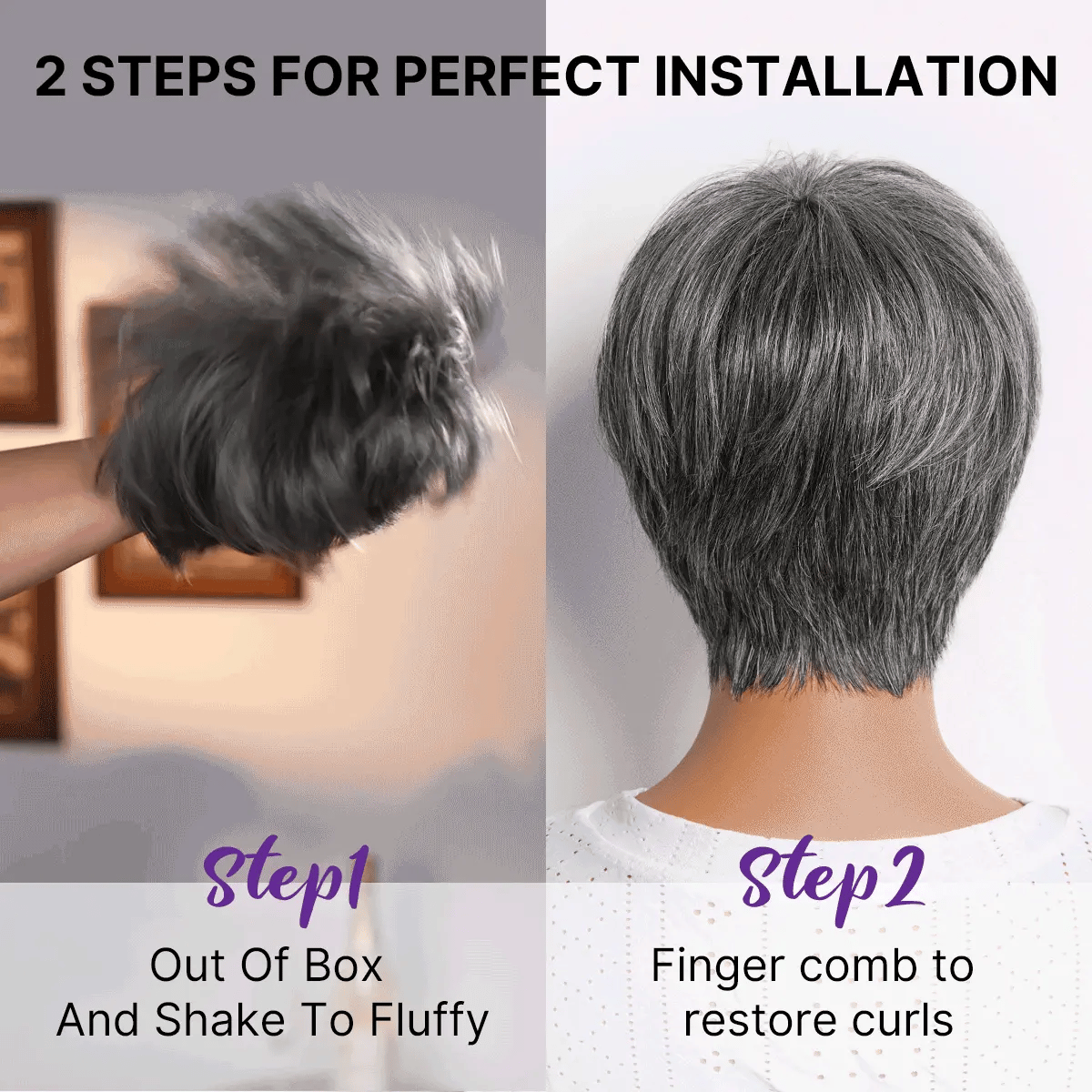 Salt & Pepper 100% Human Hair Short Pixie Cut Glueless Wig with Bangs Ultra Comfort Skin-Like Soft Care Hair Loss Friendly