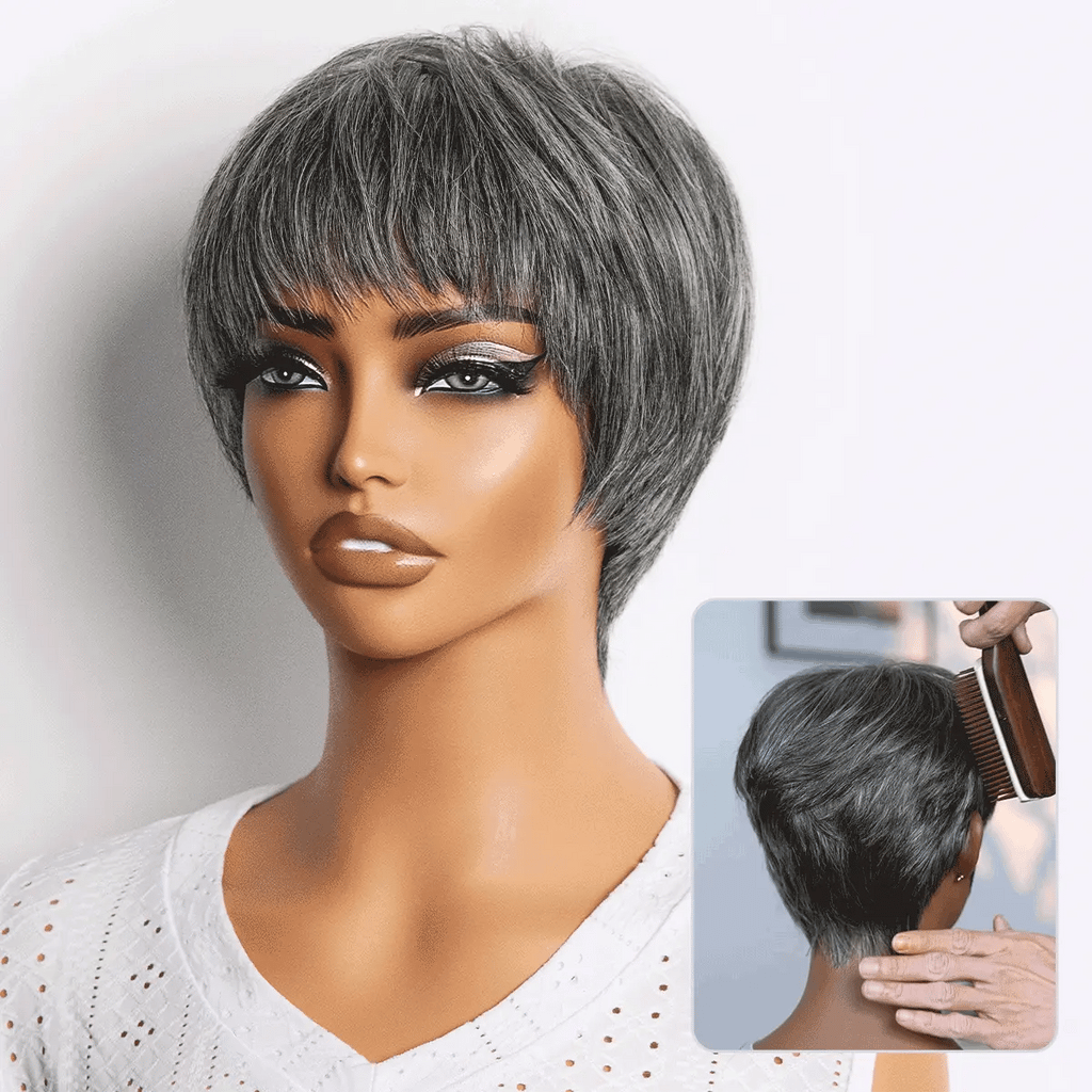 Salt & Pepper 100% Human Hair Short Pixie Cut Glueless Wig with Bangs Ultra Comfort Skin-Like Soft Care Hair Loss Friendly