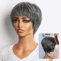 Salt & Pepper 100% Human Hair Short Pixie Cut Glueless Wig with Bangs Ultra Comfort Skin-Like Soft Care Hair Loss Friendly