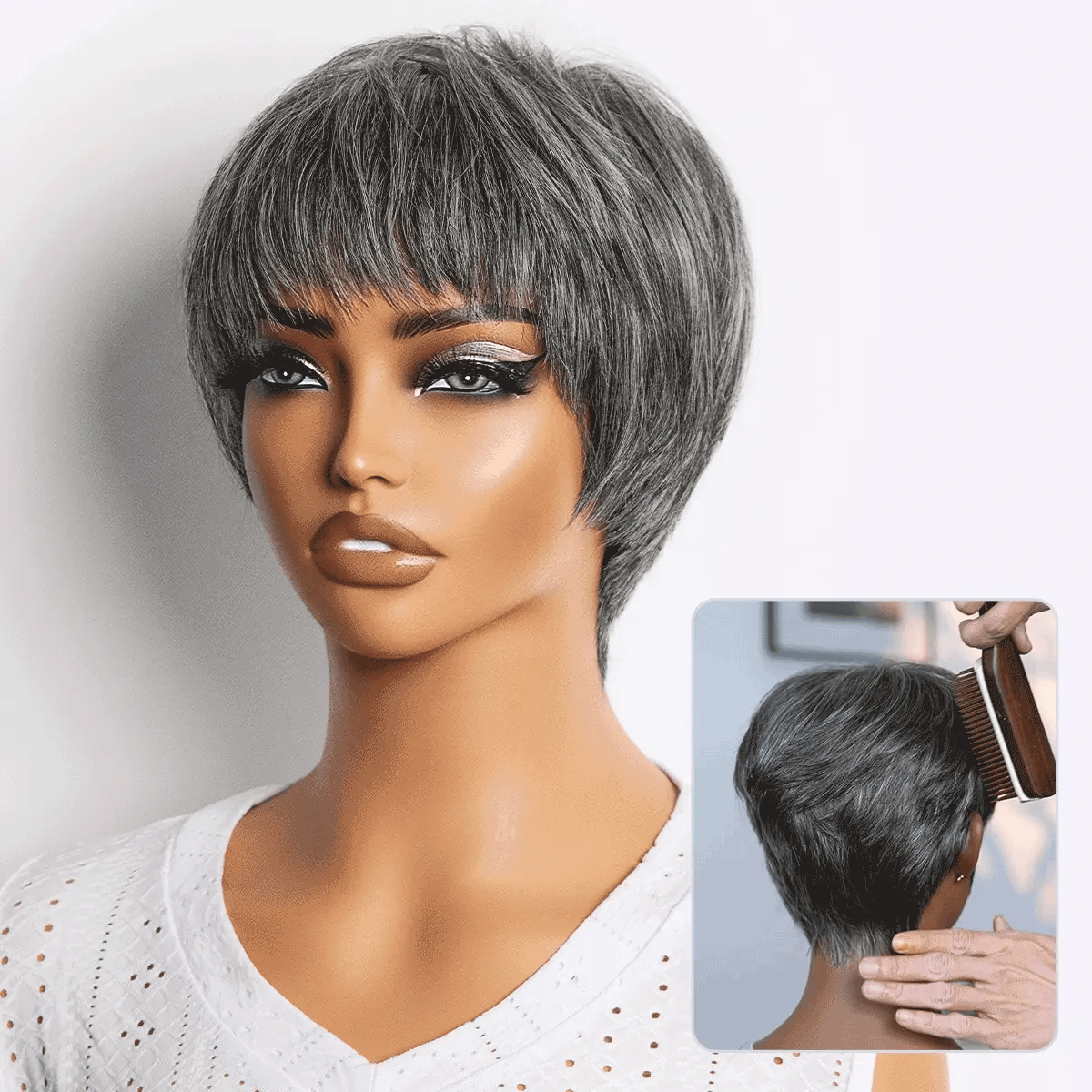 Salt & Pepper 100% Human Hair Short Pixie Cut Glueless Wig with Bangs Ultra Comfort Skin-Like Soft Care Hair Loss Friendly