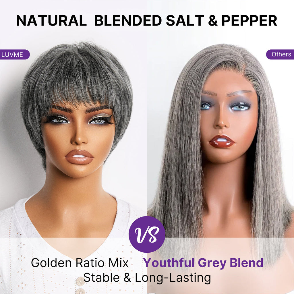 Salt & Pepper 100% Human Hair Short Pixie Cut Glueless Wig with Bangs Ultra Comfort Skin-Like Soft Care Hair Loss Friendly