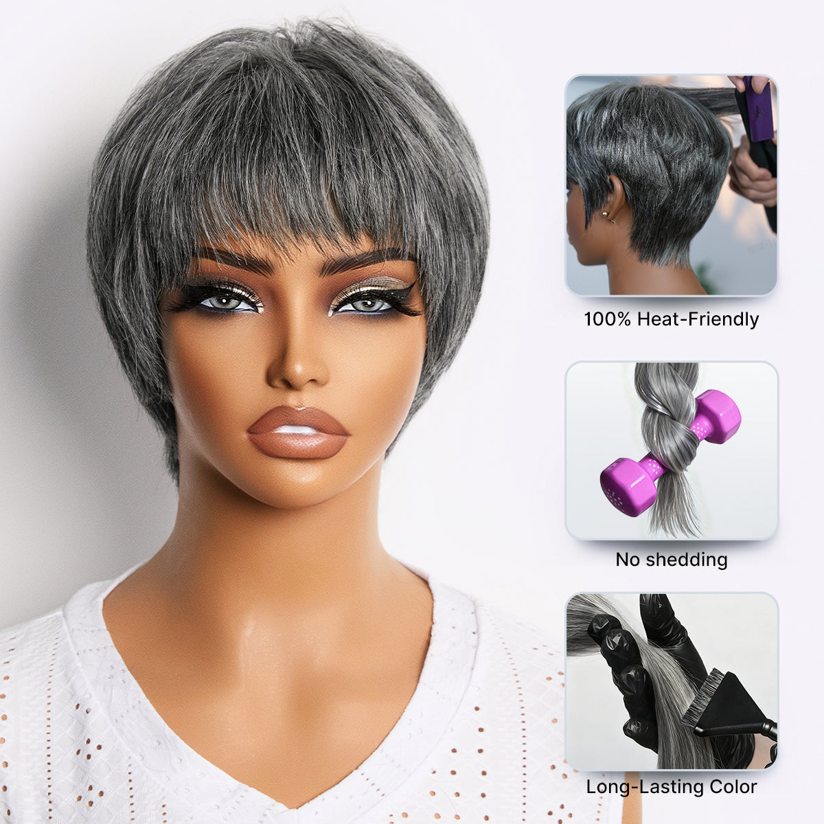 Salt & Pepper 100% Human Hair Short Pixie Cut Glueless Wig with Bangs Ultra Comfort Skin-Like Soft Care Hair Loss Friendly