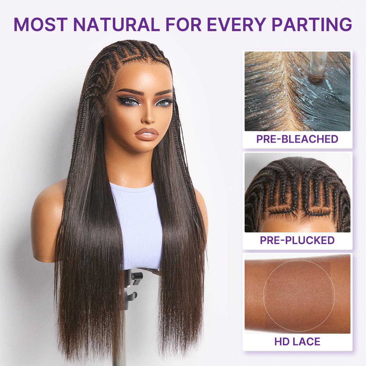 Readitress™ 180% Density Pre-Braided Silky Straight Human Hair Glueless Ear-to-Ear 13x4 Frontal Lace Wig Pre-Cut Lace