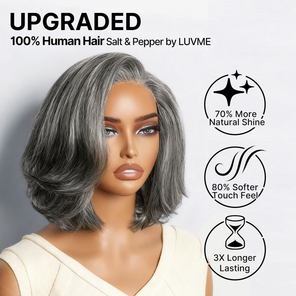 New Customers Only | Salt & Pepper 100% Human Hair Layered Bob Wig Glueless Minimalist Lace Grey Wig Pre-Cut Lace