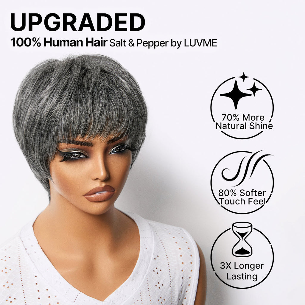 Salt & Pepper 100% Human Hair Short Pixie Cut Glueless Wig with Bangs Ultra Comfort Skin-Like Soft Care Hair Loss Friendly