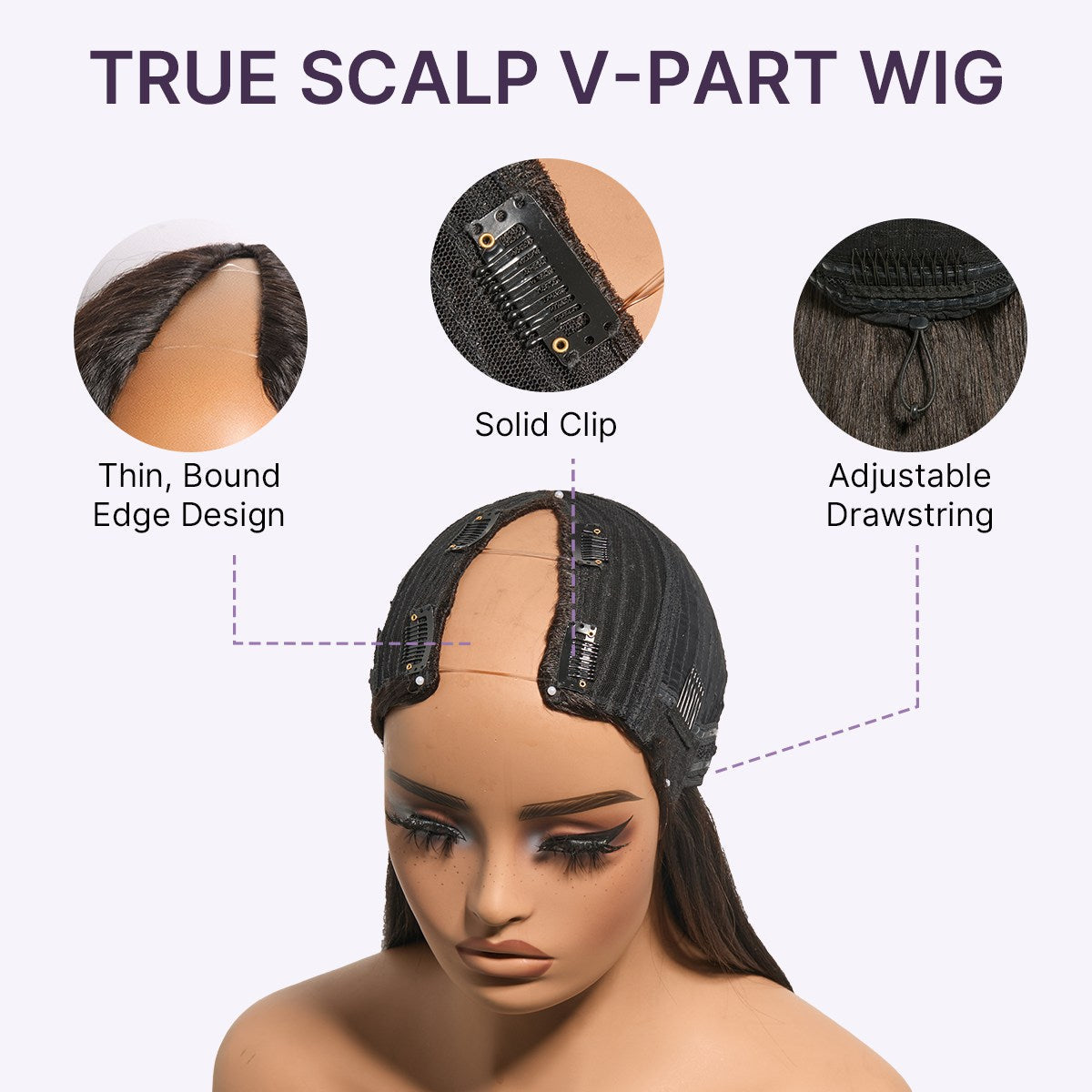 True Scalp Kinky Straight V Part Glueless Human Hair Wig Flexi-Fit Drawstring