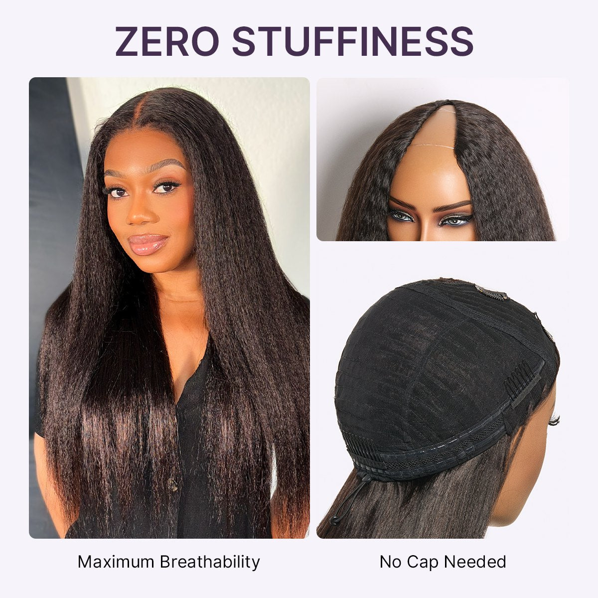 True Scalp Kinky Straight V Part Glueless Human Hair Wig Flexi-Fit Drawstring