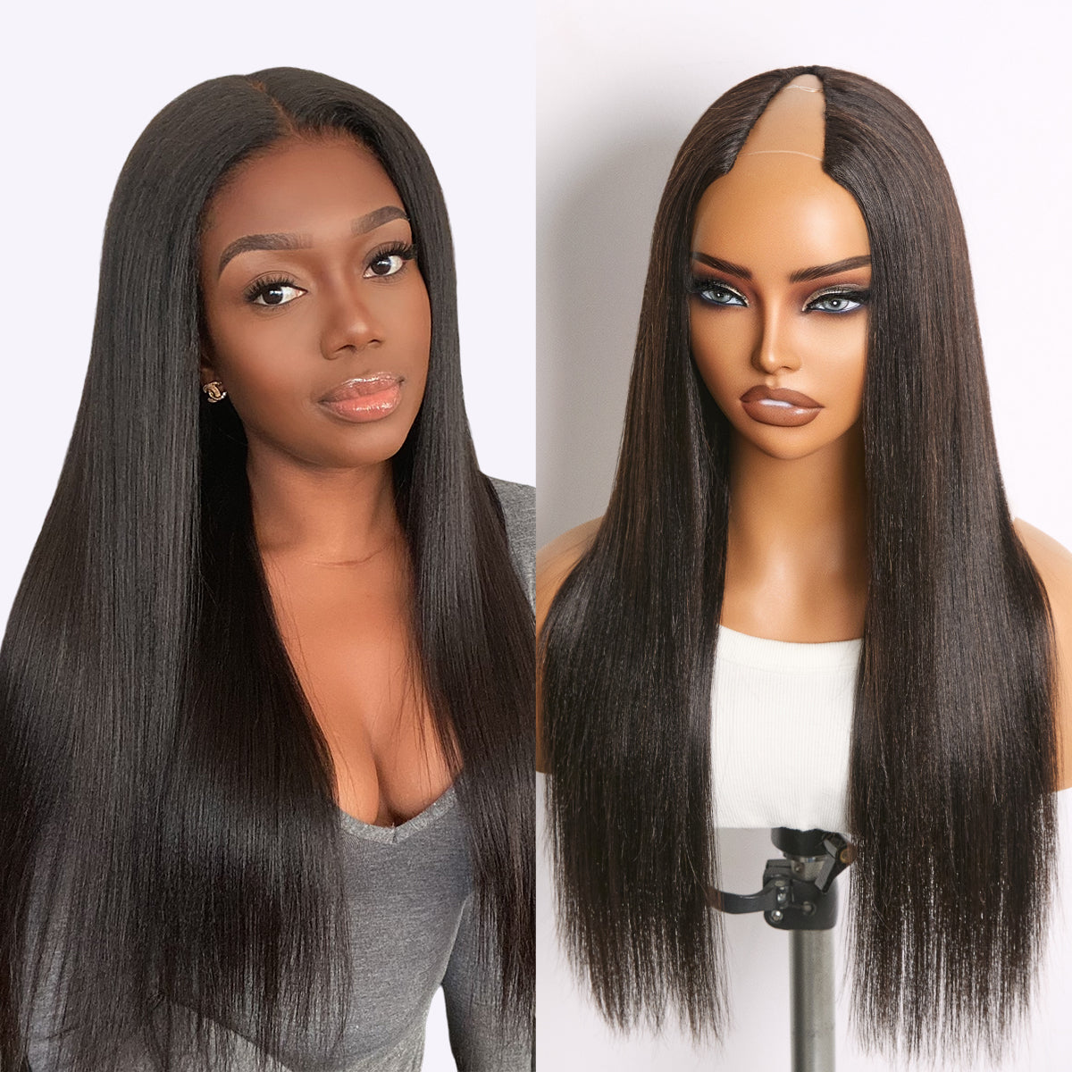 True Scalp Yaki Straight / Kinky Straight V Part Glueless Human Hair Wig Flexi-Fit Drawstring