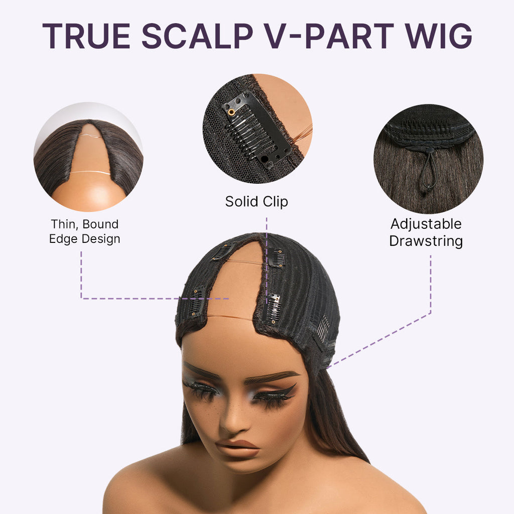 True Scalp Yaki Straight / Kinky Straight V Part Glueless Human Hair Wig Flexi-Fit Drawstring