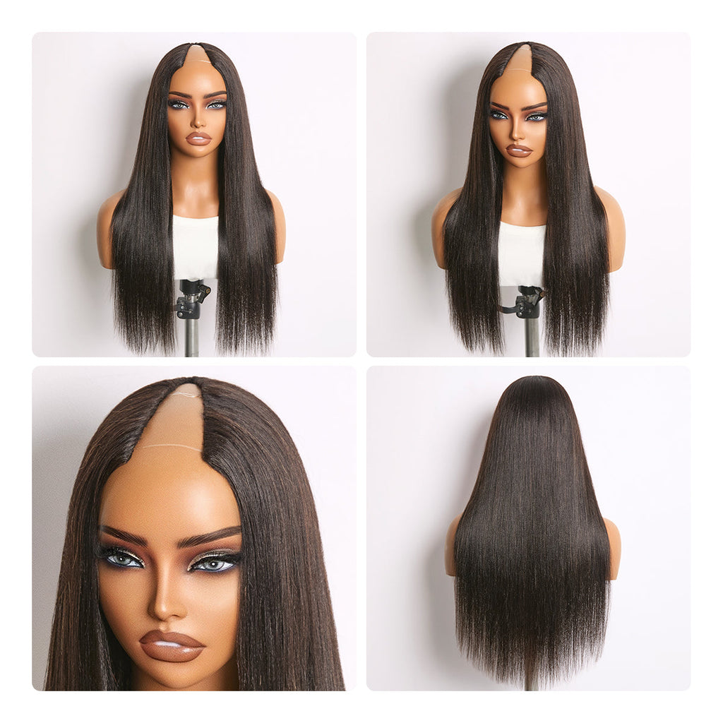 16''+$5=18''| True Scalp Yaki Straight / Kinky Straight V Part Glueless Human Hair Wig Flexi-Fit Drawstring