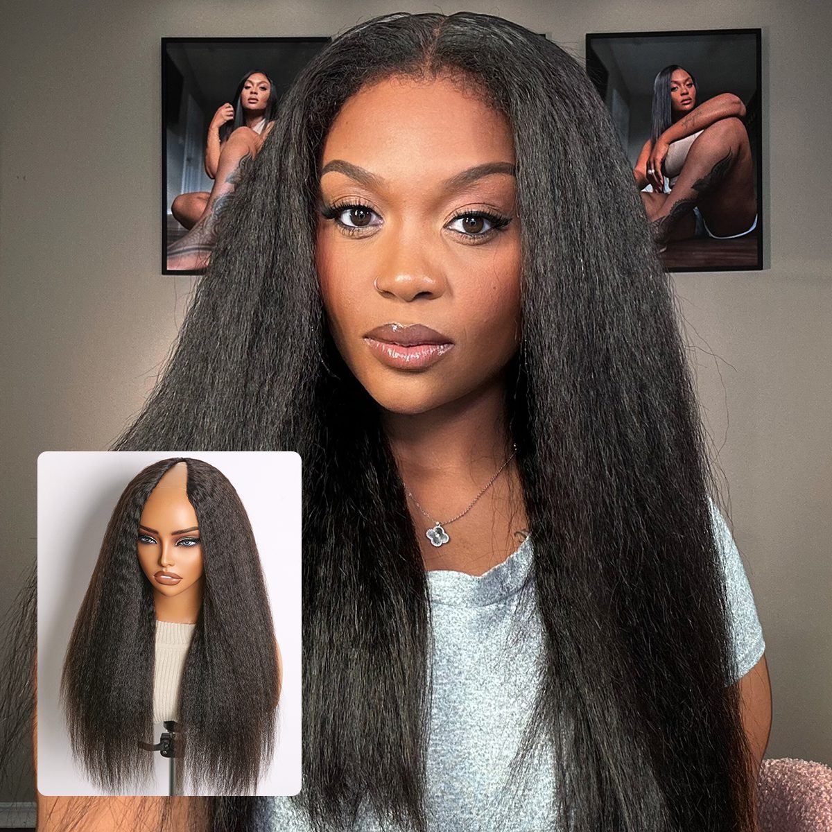 16''+$5=18''| True Scalp Yaki Straight / Kinky Straight V Part Glueless Human Hair Wig Flexi-Fit Drawstring