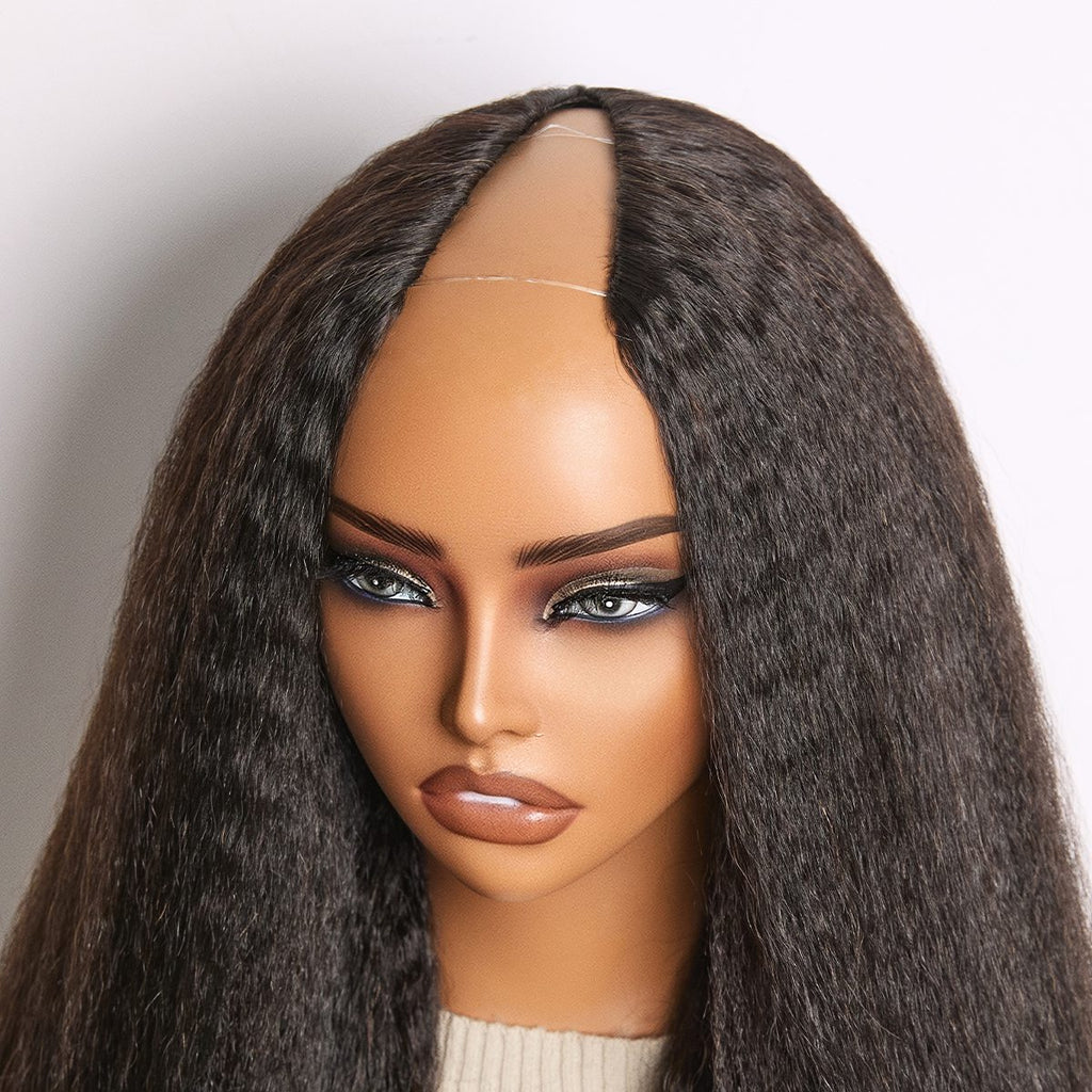 True Scalp Yaki Straight / Kinky Straight V Part Glueless Human Hair Wig Flexi-Fit Drawstring