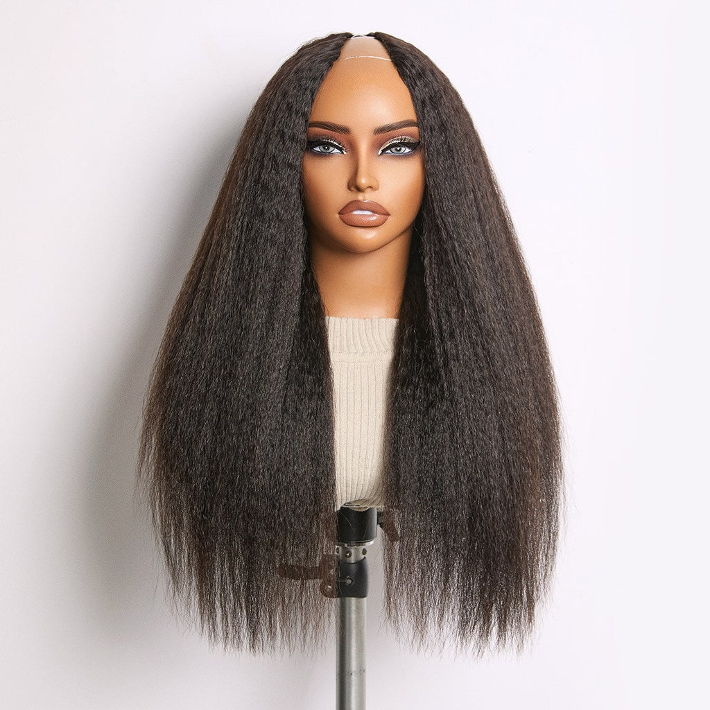 16''+$5=18''| True Scalp Yaki Straight / Kinky Straight V Part Glueless Human Hair Wig Flexi-Fit Drawstring