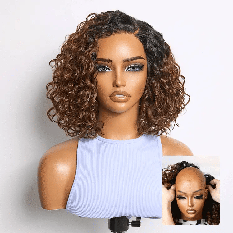Ready to Go Ombre Brown Water Wave Short Curly Bob Wig Glueless Minimalist HD Lace Wig Pre-Cut Lace