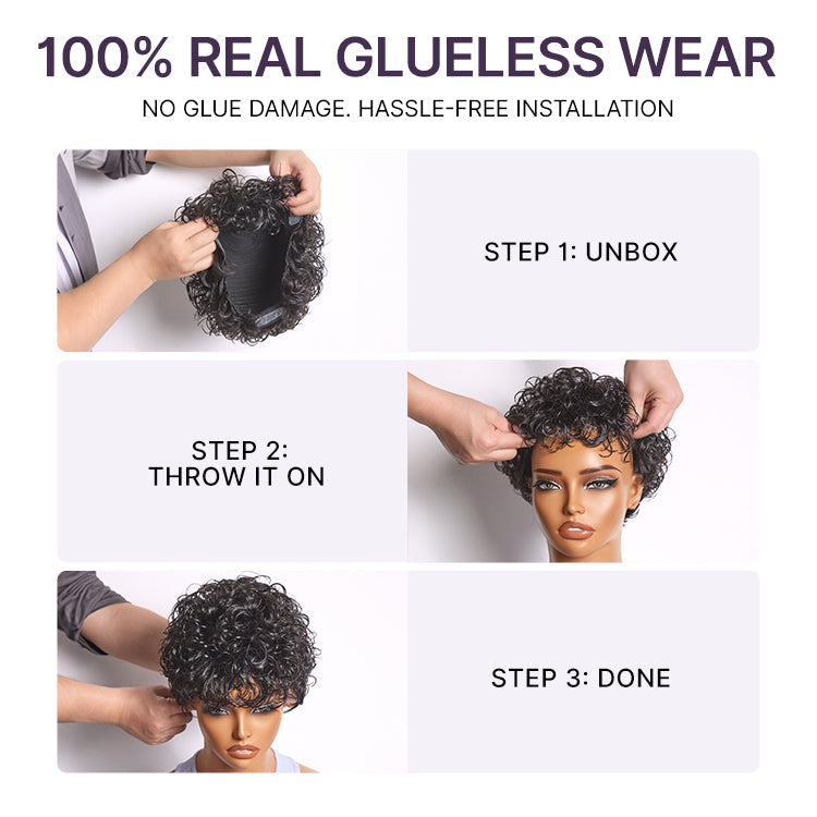 Throw On & Go Natural Black Big Curly Glueless Short Wig Ultra Comfort Cotton Cap Hair Loss Friendly Wig