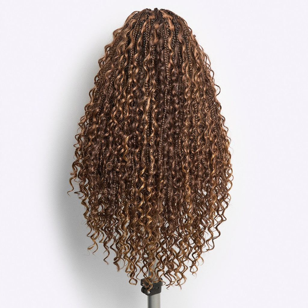 New Customers Only | Light Weight Flexi-Fit Invisi Drawstring Cap Full Lace Knotless Boho Curls Braided Long Wig Super Natural Scalp