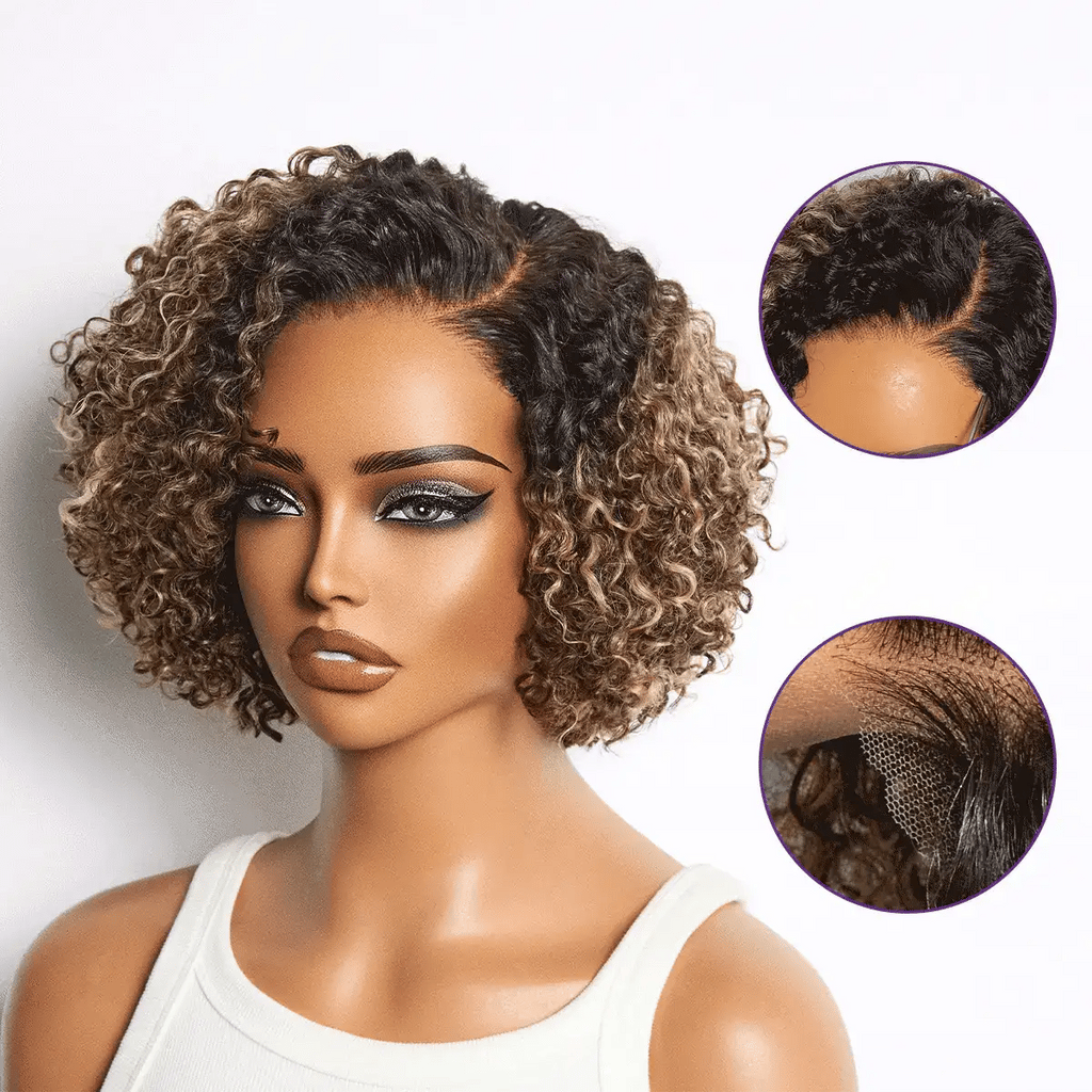 Blonde Highlight Short Cut Kinky Curly Minimalist HD Lace Glueless Wig Pre-Cut Lace