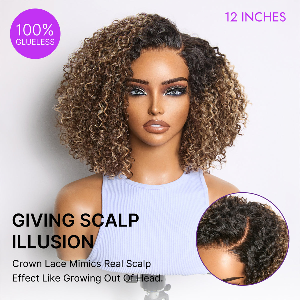 Blonde Highlight Short Cut Kinky Curly Minimalist HD Lace Glueless Wig Pre-Cut Lace