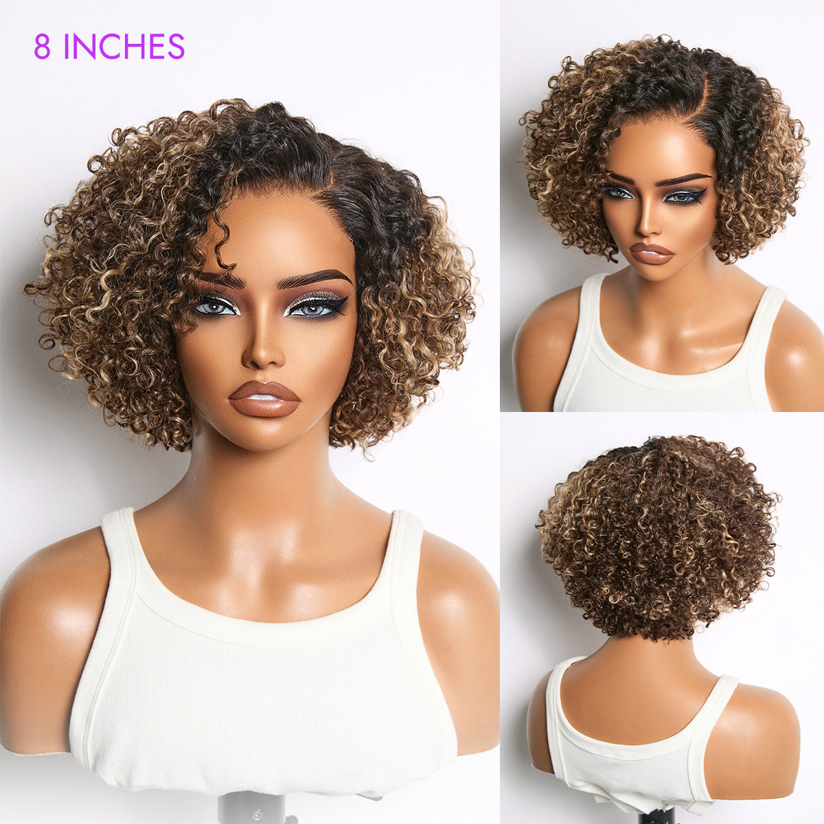 Blonde Highlight Short Cut Kinky Curly Minimalist HD Lace Glueless Wig Pre-Cut Lace
