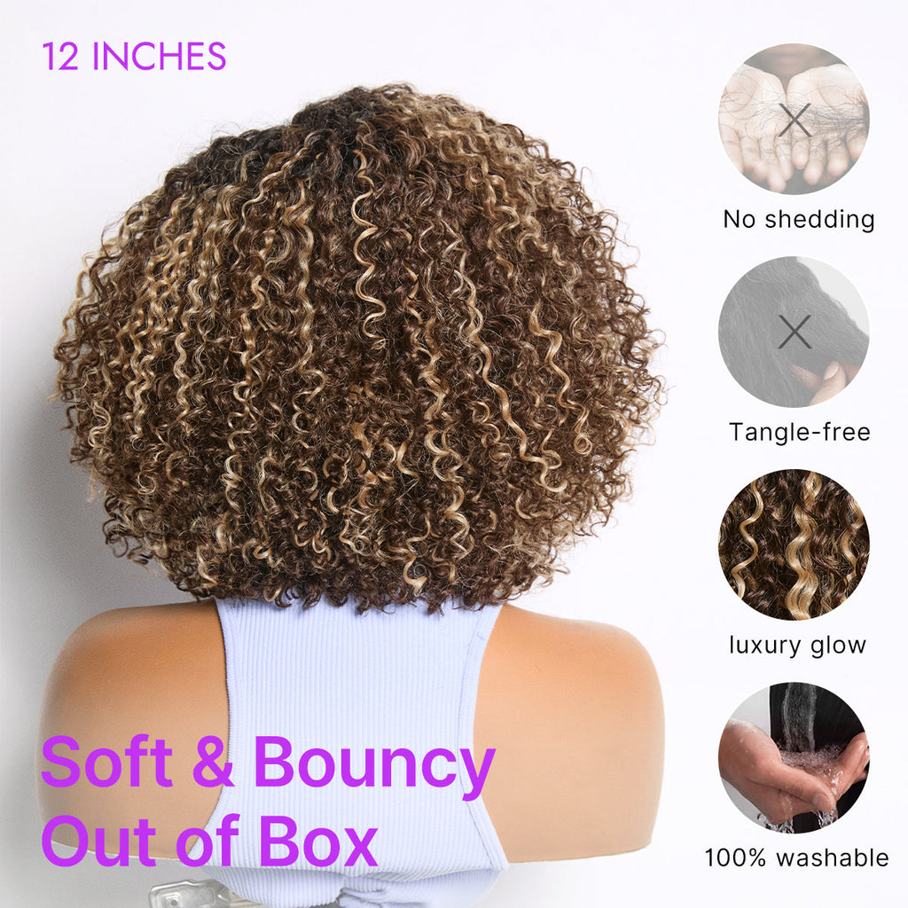 Blonde Highlight Short Cut Kinky Curly Minimalist HD Lace Glueless Wig Pre-Cut Lace