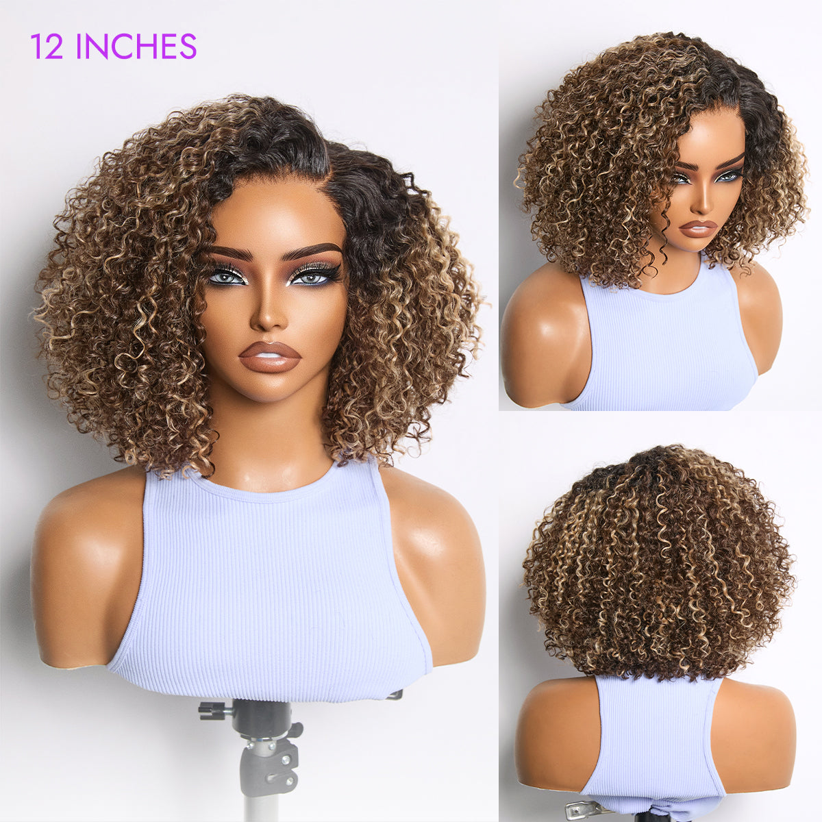 Blonde Highlight Short Cut Kinky Curly Minimalist HD Lace Glueless Wig Pre-Cut Lace