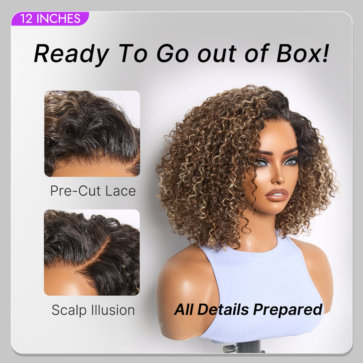 Blonde Highlight Short Cut Kinky Curly Minimalist HD Lace Glueless Wig Pre-Cut Lace