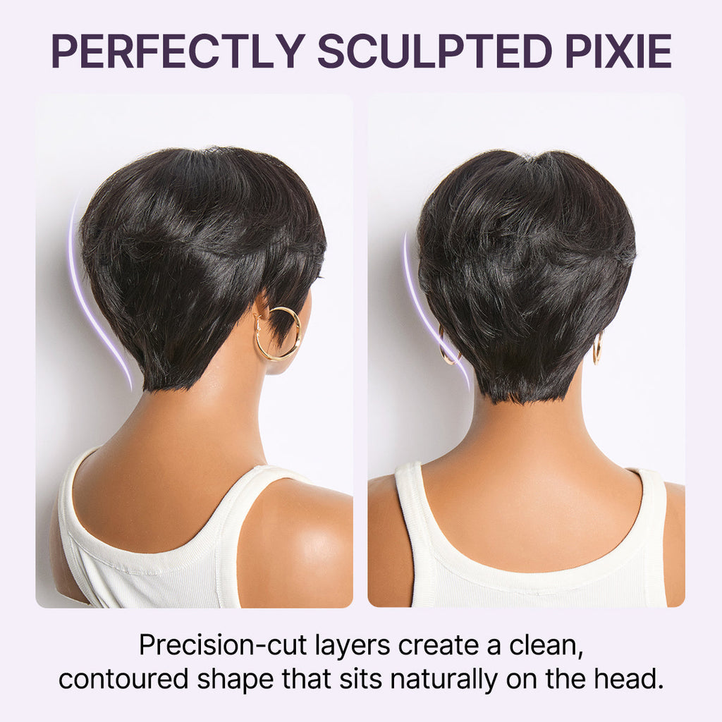 Throw On & Go Natural Black Pixie Cut with Bangs Glueless Minimalist Lace Wig