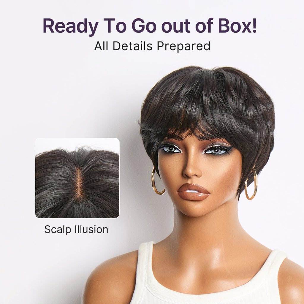 Throw On & Go Natural Black Pixie Cut with Bangs Glueless Minimalist Lace Wig