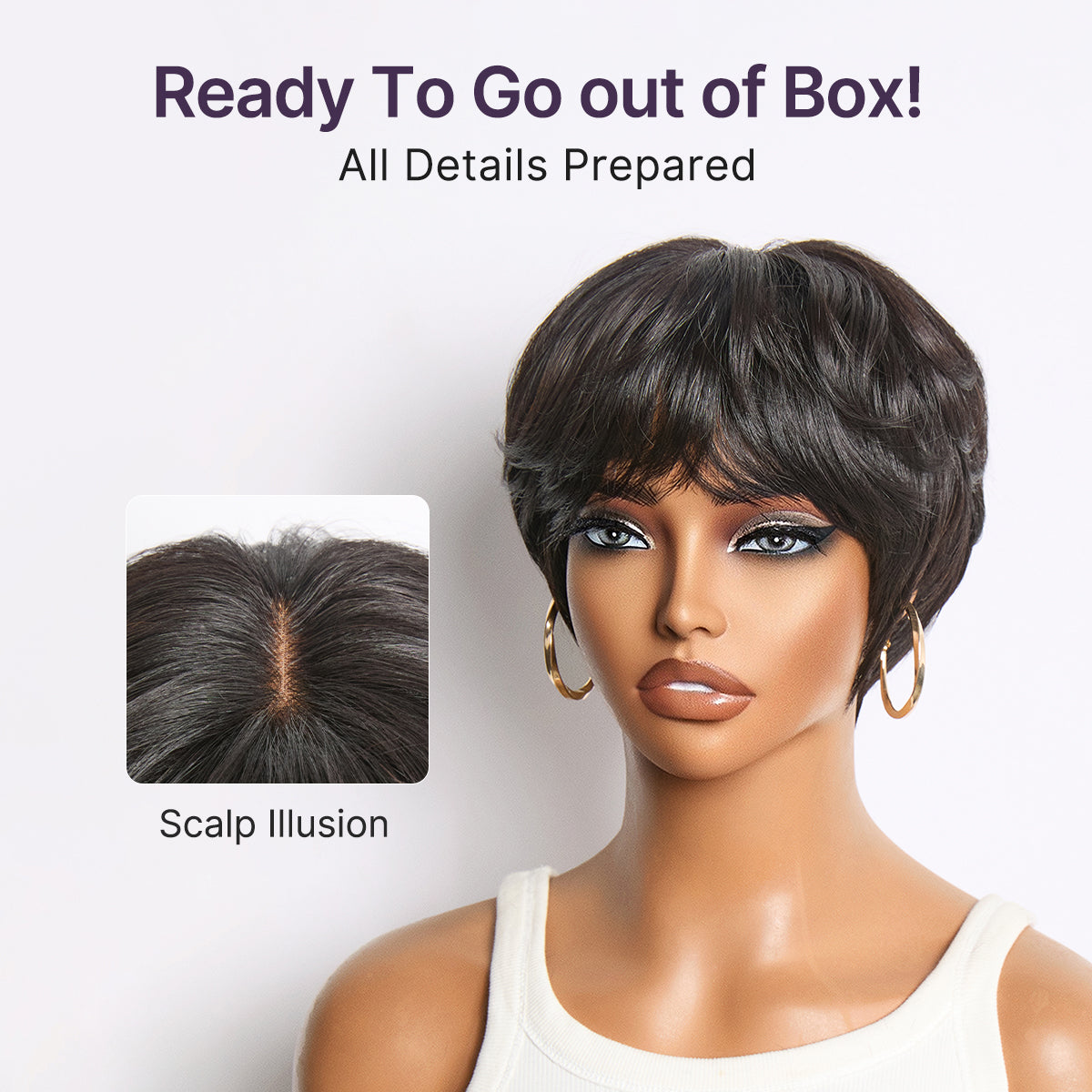 Throw On & Go Natural Black Pixie Cut with Bangs Glueless Minimalist Lace Wig