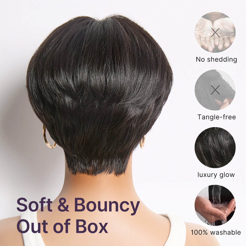 Throw On & Go Natural Black Pixie Cut with Bangs Glueless Minimalist Lace Wig