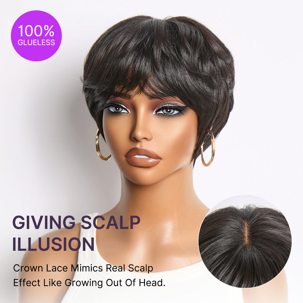 Throw On & Go Natural Black Pixie Cut with Bangs Glueless Minimalist Lace Wig