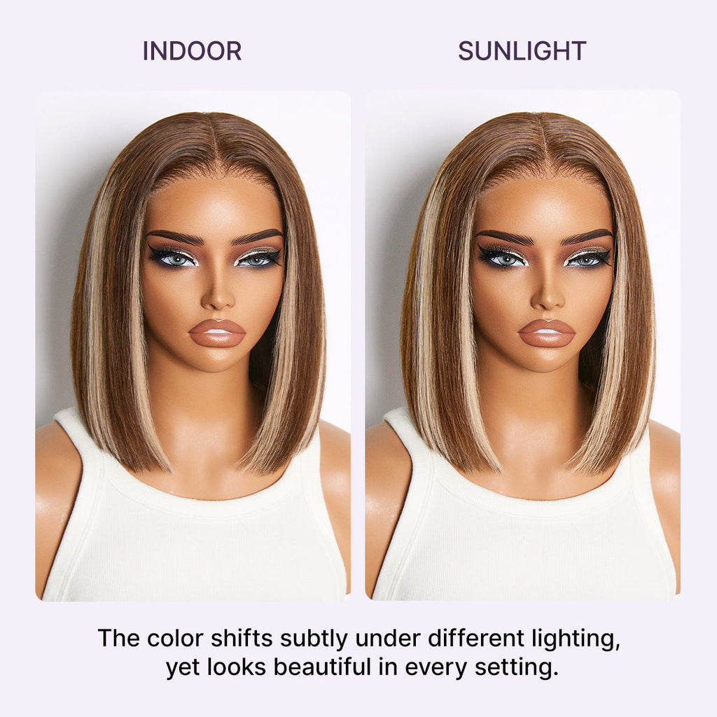 Ash Blonde Highlight Glueless 5x5 HD Closure Lace Bob Wig Pre-Cut Lace Flexi-Fit Drawstring Cap