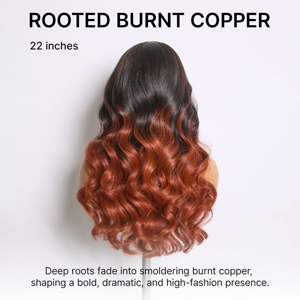 Ombre Reddish Brown Loose Wave Glueless 5x5 Closure Lace Wig with Bangs Pre-Cut Lace