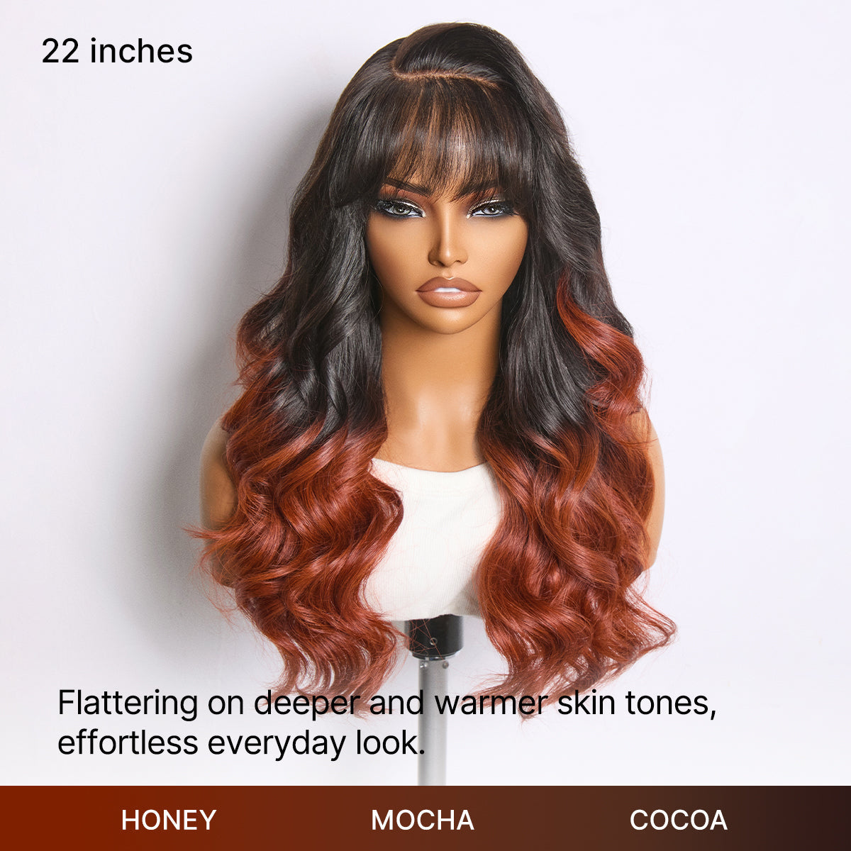 Ombre Reddish Brown Loose Wave Glueless 5x5 Closure Lace Wig with Bangs Pre-Cut Lace