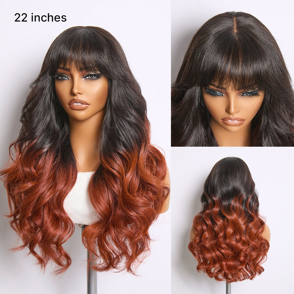 Ombre Reddish Brown Loose Wave Glueless 5x5 Closure Lace Wig with Bangs Pre-Cut Lace