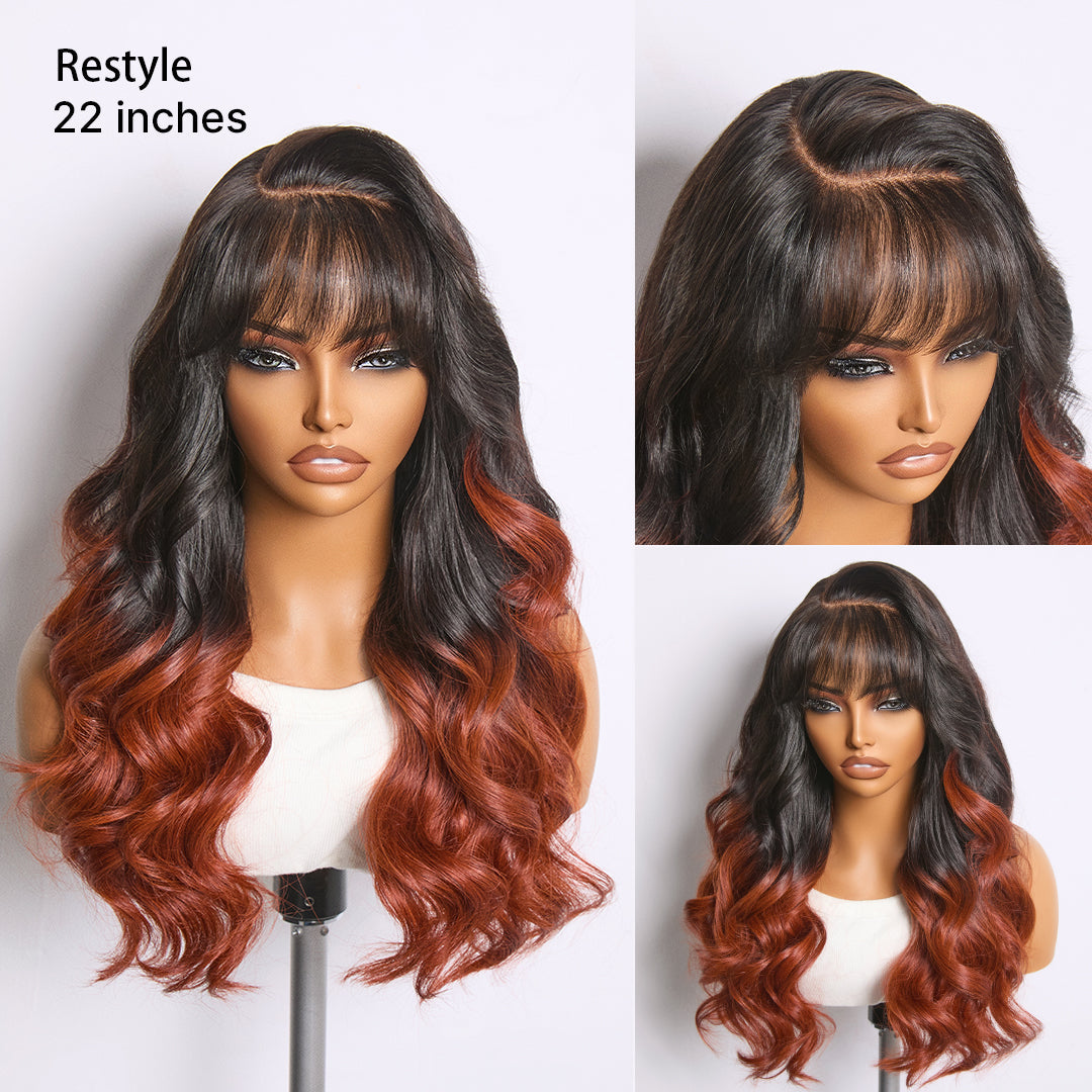 Ombre Reddish Brown Loose Wave Glueless 5x5 Closure Lace Wig with Bangs Pre-Cut Lace