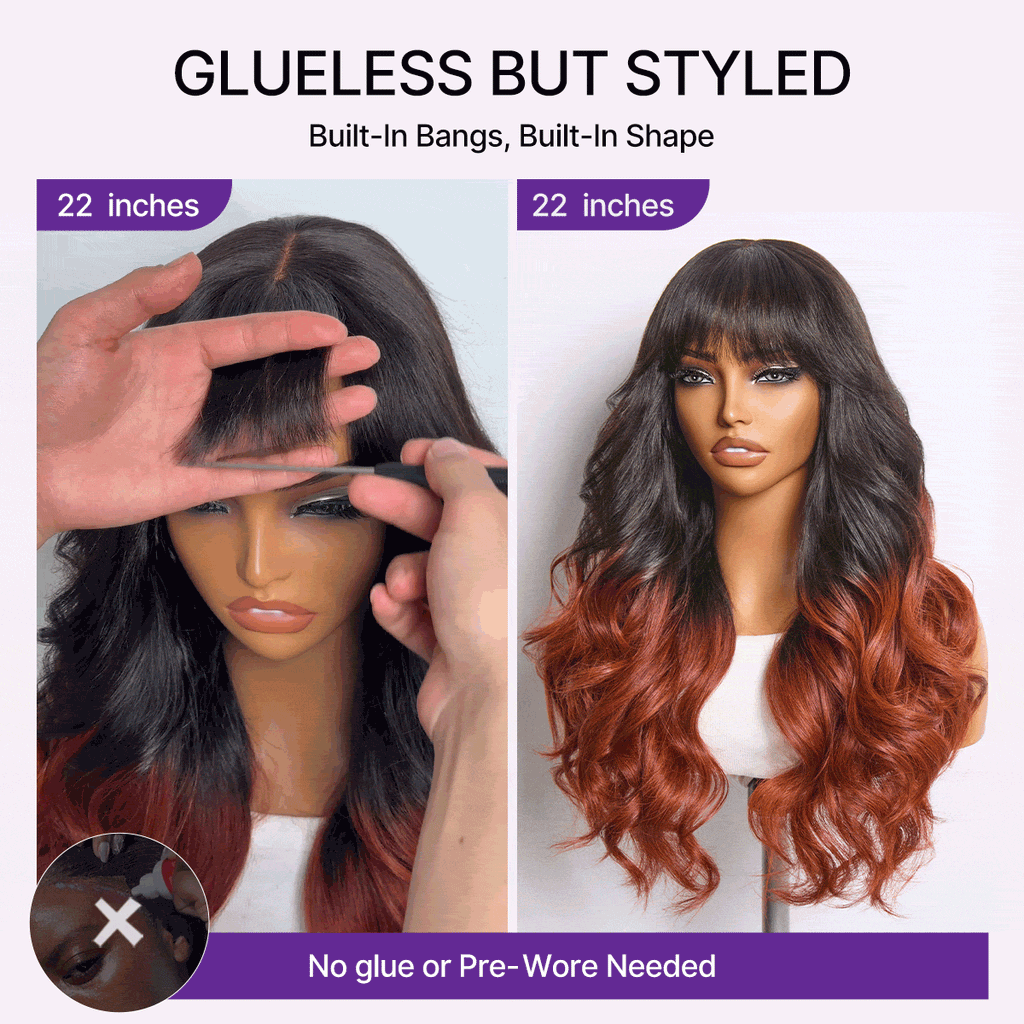 Ombre Reddish Brown Loose Wave Glueless 5x5 Closure Lace Wig with Bangs Pre-Cut Lace