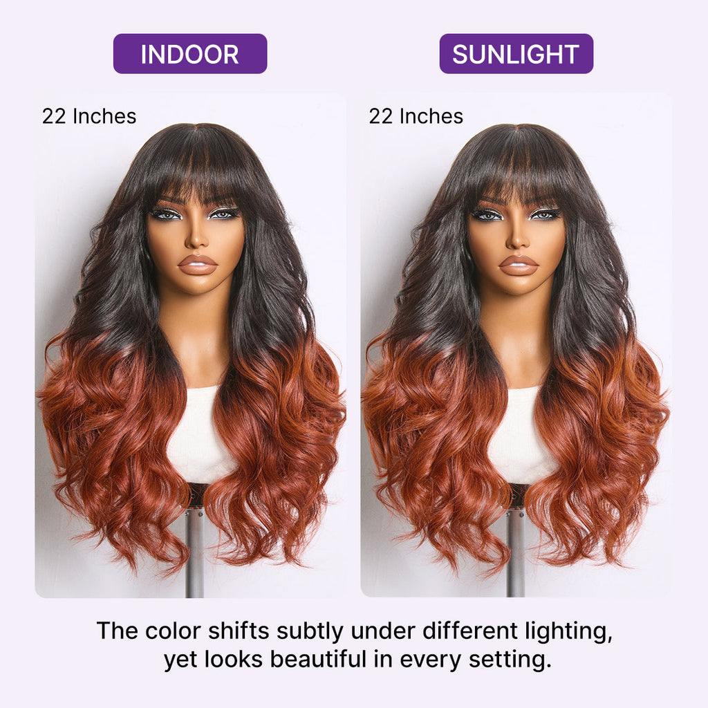 Ombre Reddish Brown Loose Wave Glueless 5x5 Closure Lace Wig with Bangs Pre-Cut Lace