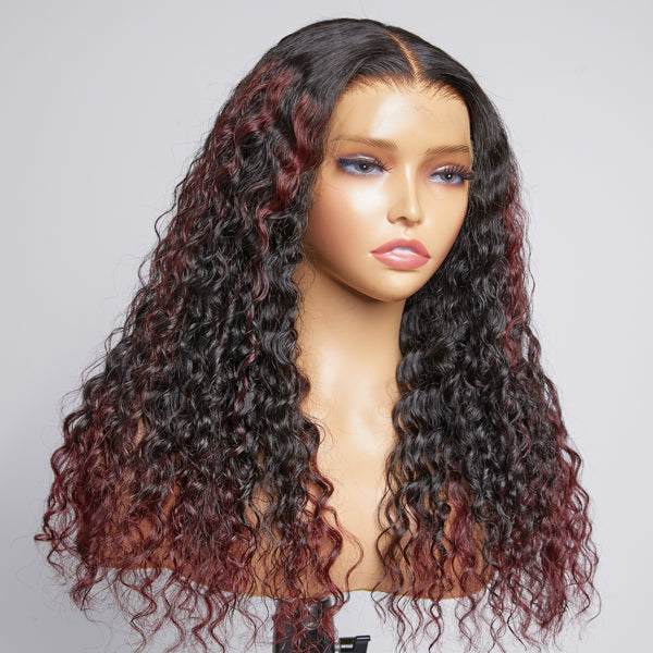 Burgundy Tails Highlight Deep Wave Glueless 13x4 Frontal HD Lace Long Wig 100% human hair