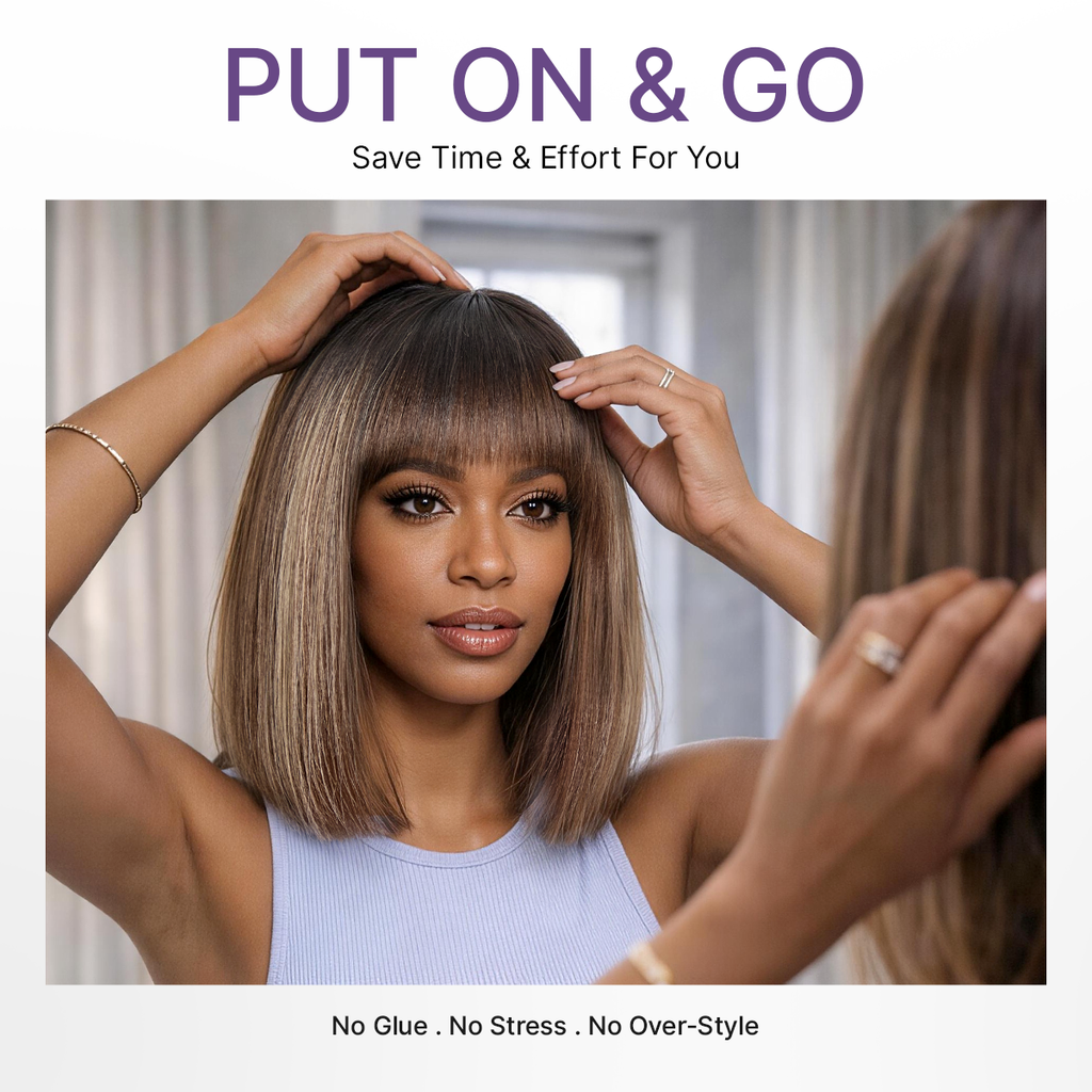 Beginner Friendly Honey Blonde Highlight Yaki Blunt Cut Bob Glueless Minimalist Lace Bob Wig with Bangs