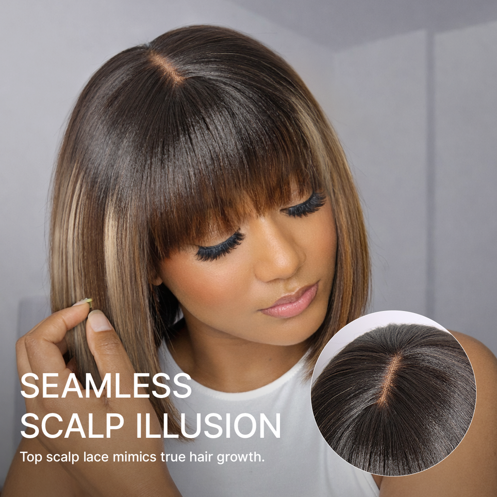 Beginner Friendly Honey Blonde Highlight Yaki Blunt Cut Bob Glueless Minimalist Lace Bob Wig with Bangs